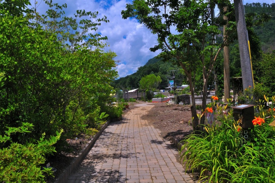 Path Leading to the Lake Lure Flowering Bridge - brick path leading to a gate across a damaged bridge. Flowers bloom on the right side and bushes grow on the left.