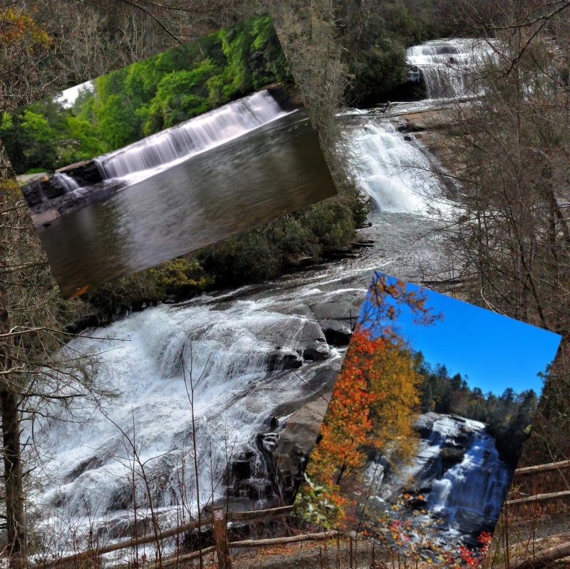 Photograph mad up of images of three different waterfalls. The backing photo is a large three level waterfall with the final cascade turning to the left in the winter, in the upper left is a smaller long waterfall in the spring superimposed. The bottom right has a large single waterfall in the fall with colorful foliage.