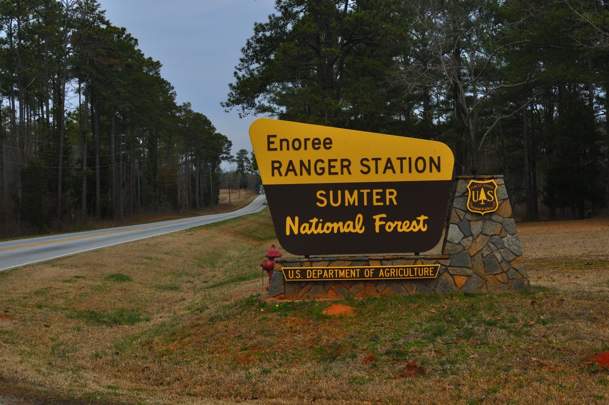 Sign on side of the road reading "Enoree Ranger Station Sumter National Forest Us department of Agriculture"