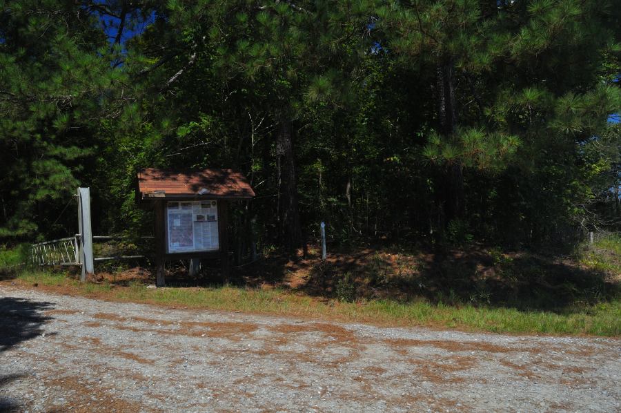 Wooden kiosk with maps and notices at a small gravel entrance to Belfast Wildlife Management Area, bordered by pine trees and a white fence