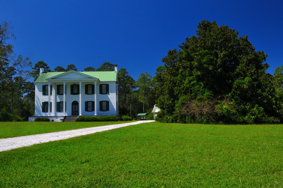 White two-story house with tall columns, green roof, and black shutters at Belfast Wildlife Management Area, fronted by a gravel path and shaded by a large magnolia tree, with pines in the background under a clear blue sky.