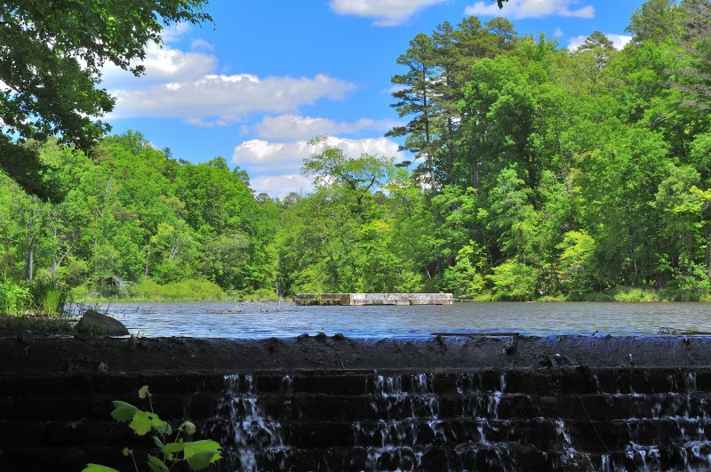 View from the dam at Lake Crawford in Kings Mountain State Park, showing the top of a broad waterfall as water spills over the stone ledge. The cascade begins here before dropping further downstream, while the lake stretches out behind, framed by tall green trees beneath a bright blue sky with scattered clouds. The perspective captures both the power of the waterfall’s origin and the calm expanse of the lake above.